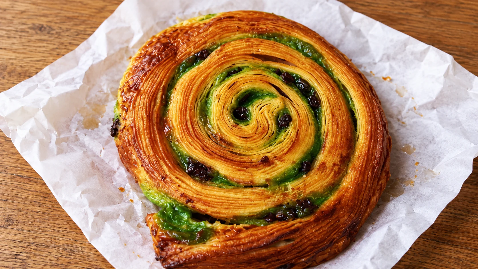 Escargot pistache-chocolat, a spiral pastry with green pistachio filling and dark chocolate, from Du Pain et des Idées.