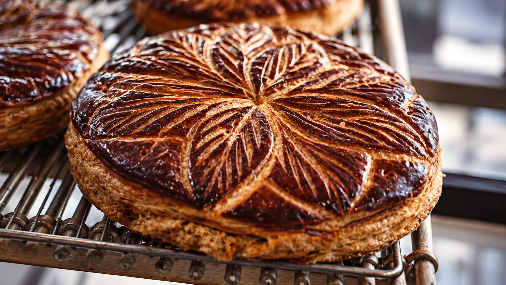 Seasonal galette des rois, with a deeply browned puff-pastry top scored in a leaf pattern.