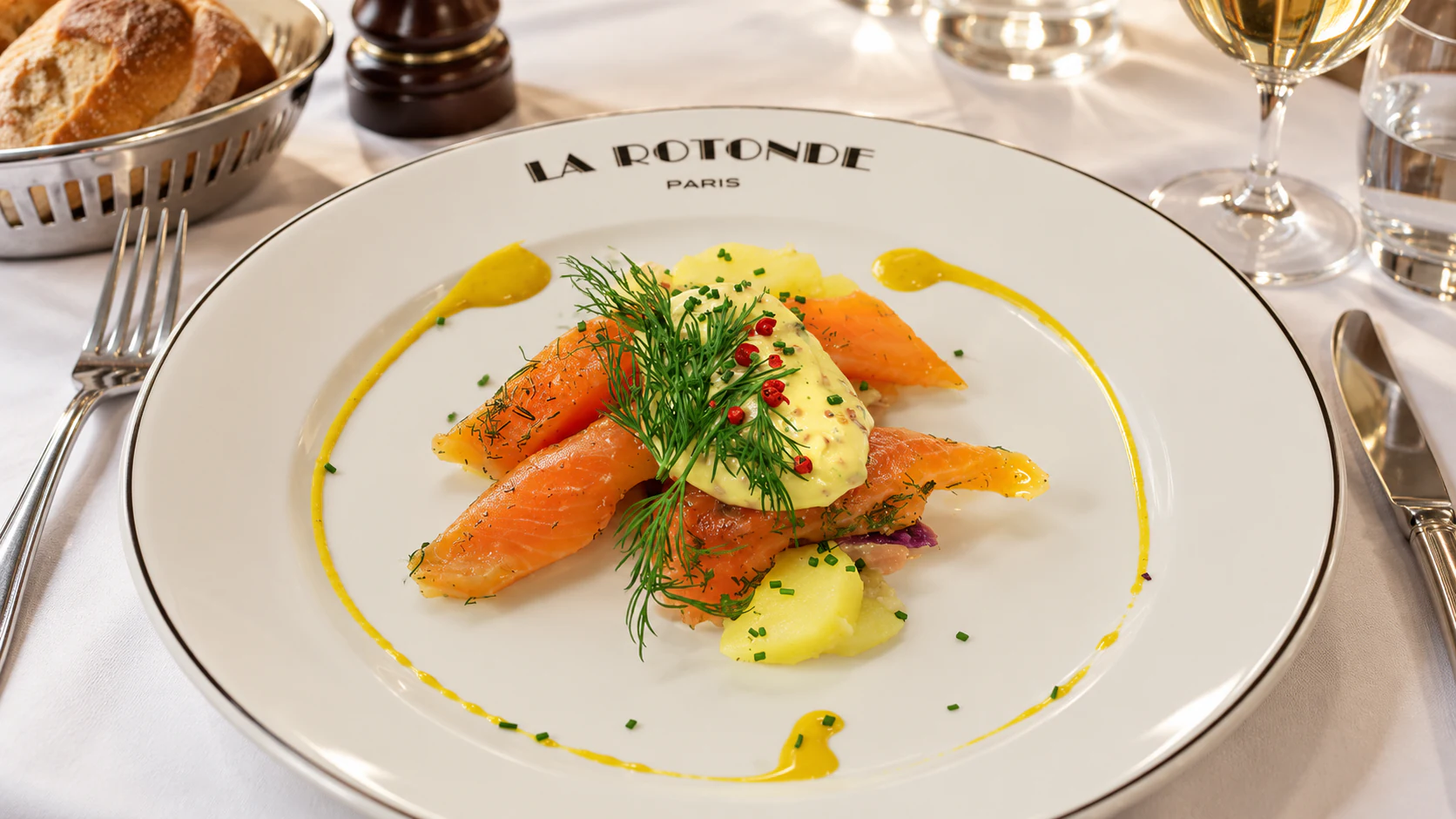 Bømlo salmon prepared as gravlax, with warm potatoes and herbs on a La Rotonde plate.