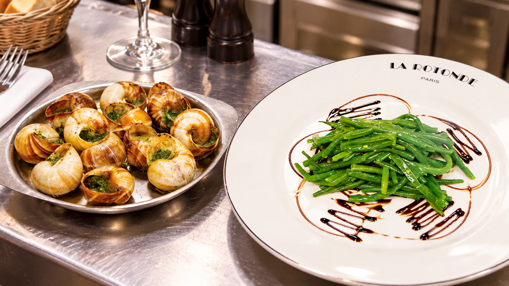 Burgundy snails in garlic butter, with fine green beans served alongside at La Rotonde.