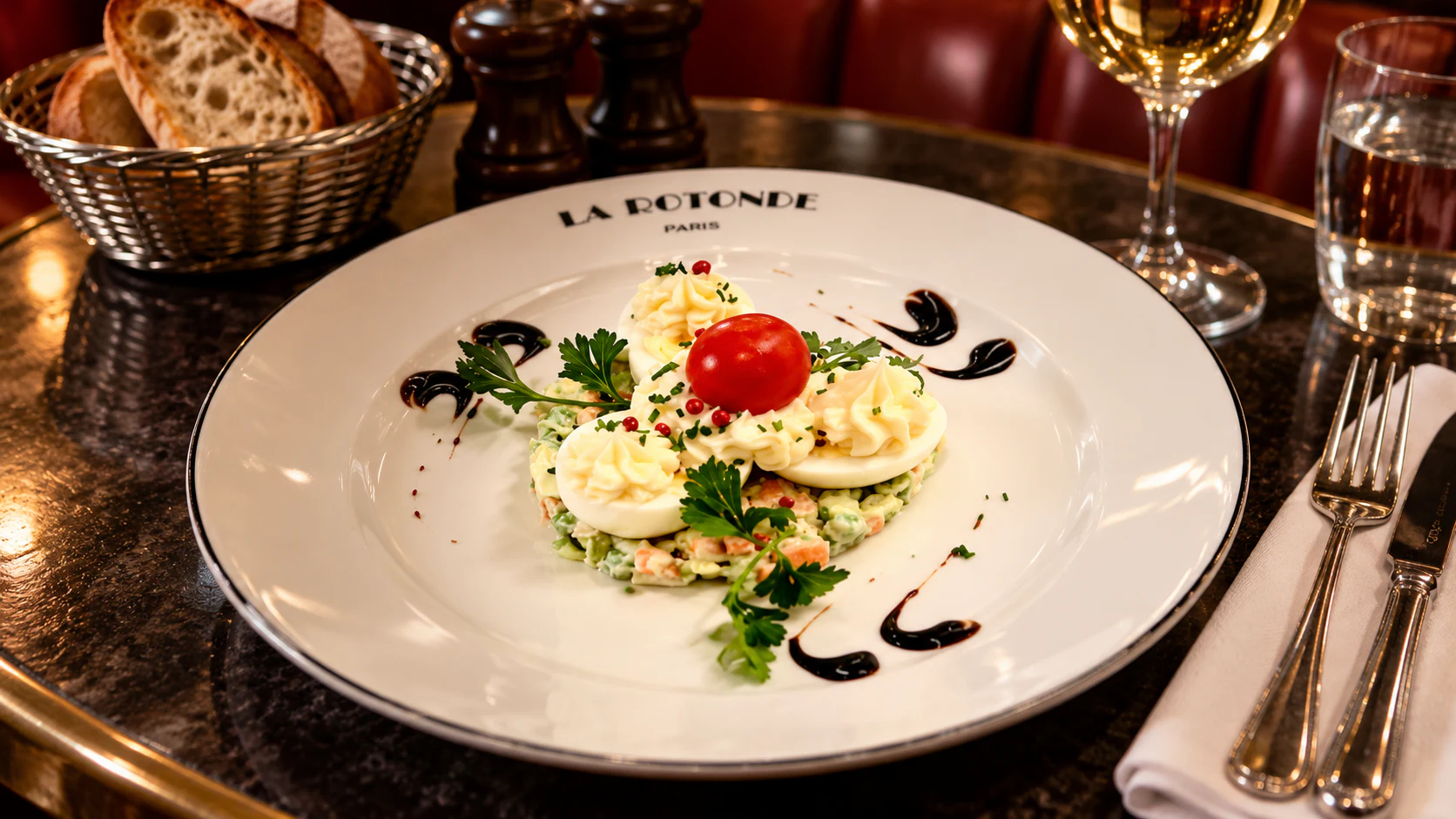 Œufs mayonnaise à la Parisienne: organic eggs with homemade mayonnaise on a vegetable macédoine, with chives and pink peppercorns.