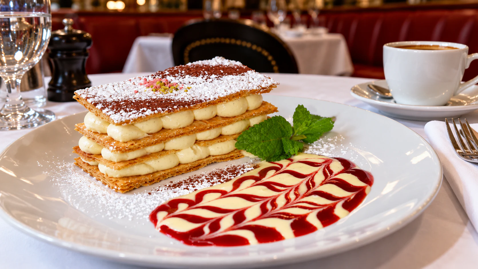 Mille-feuille with crisp pastry layers and Madagascar vanilla cream, served with patterned fruit sauce at La Rotonde.