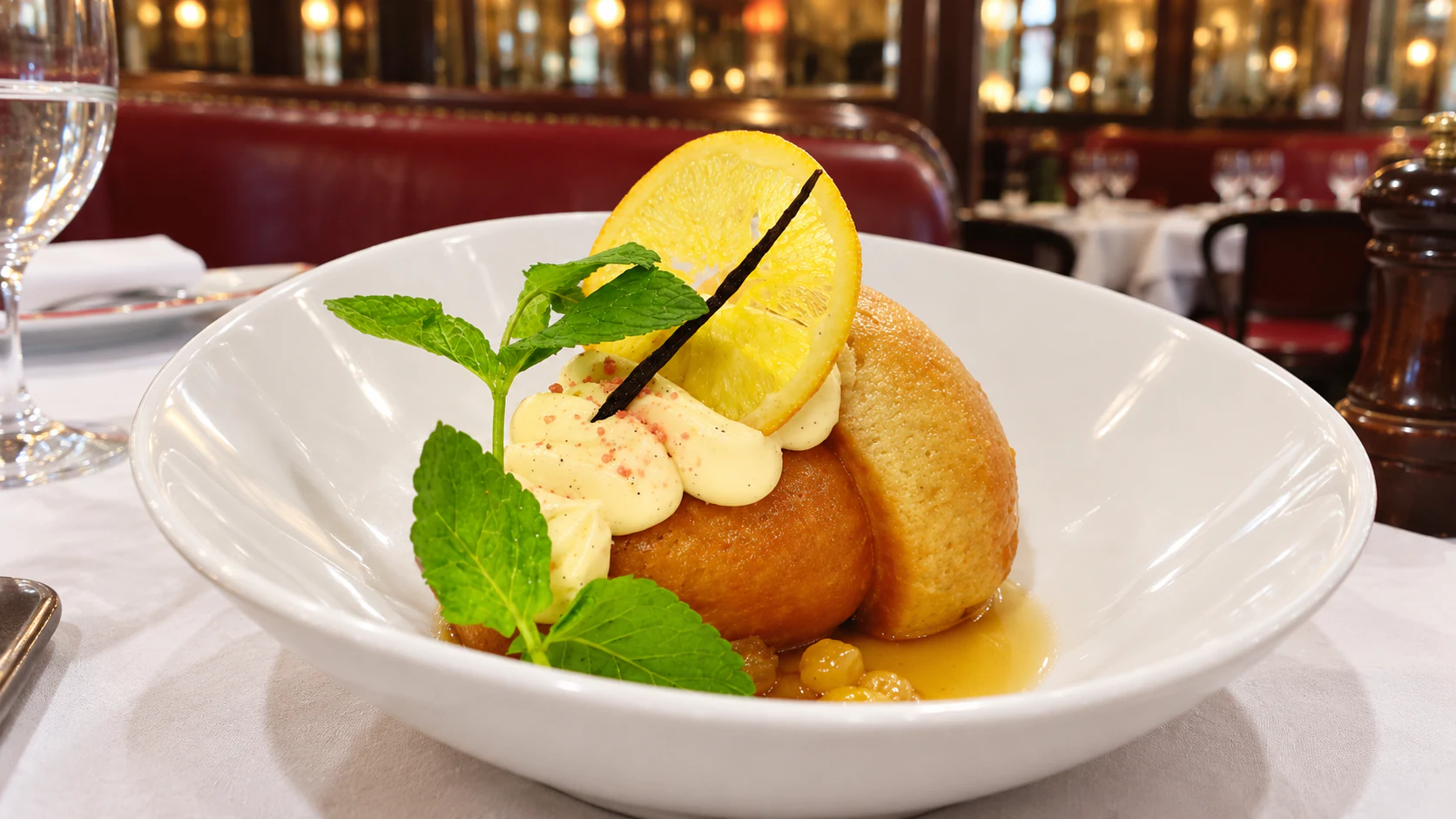 Rum baba with a piped cream topping and a lemon slice, served at La Rotonde Montparnasse.
