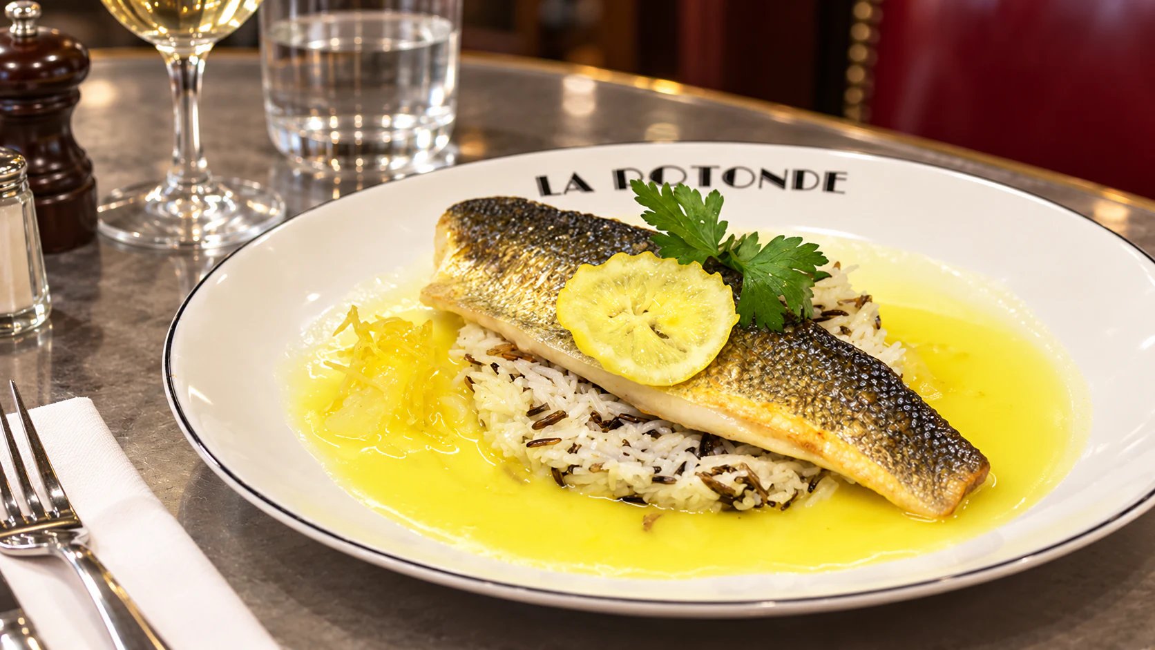 Corsican sea bass fillet with preserved lemon and wild rice, served at La Rotonde Montparnasse.