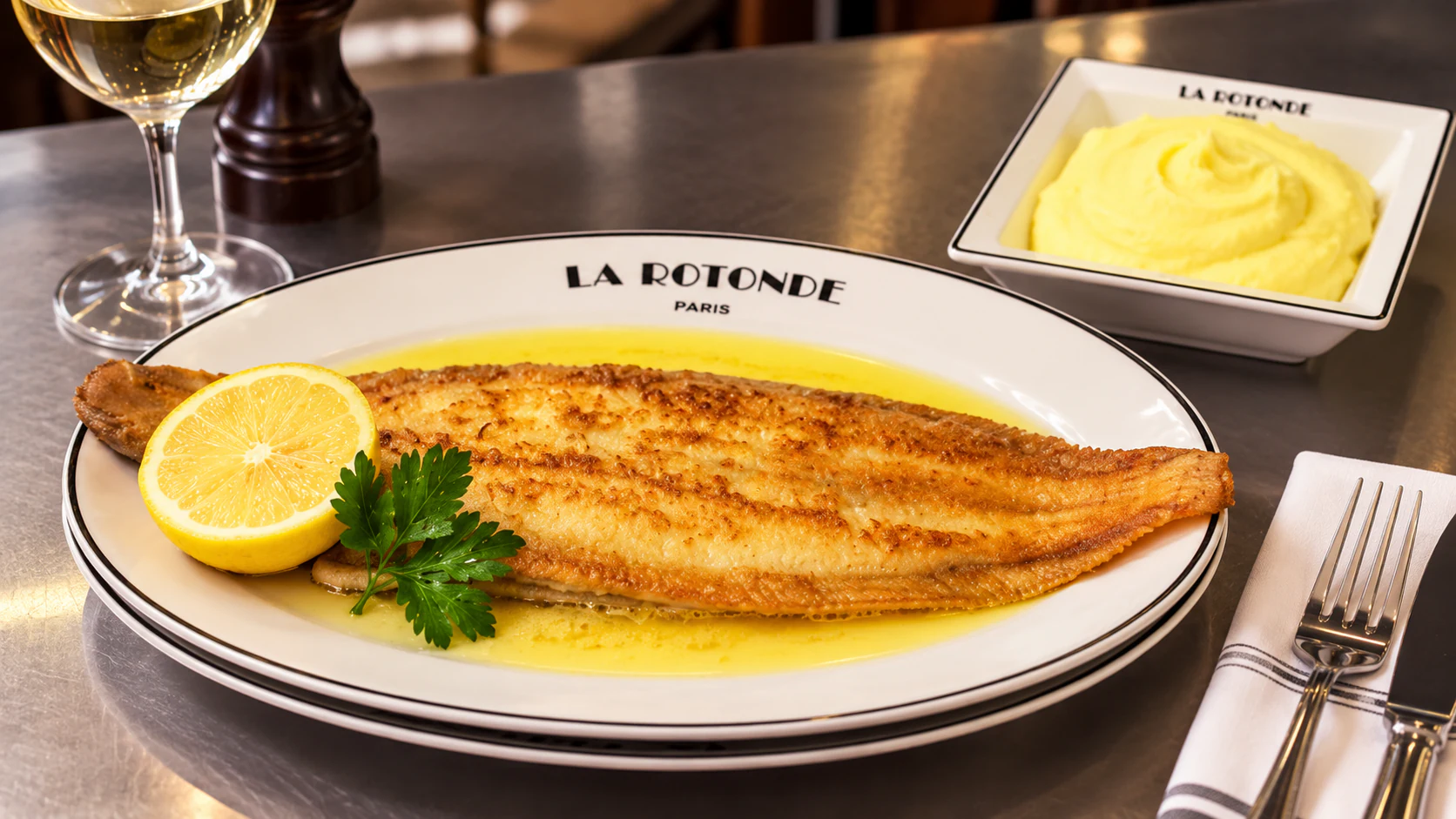 Sole meunière on an oval La Rotonde platter, with lemon and mashed potatoes served separately.