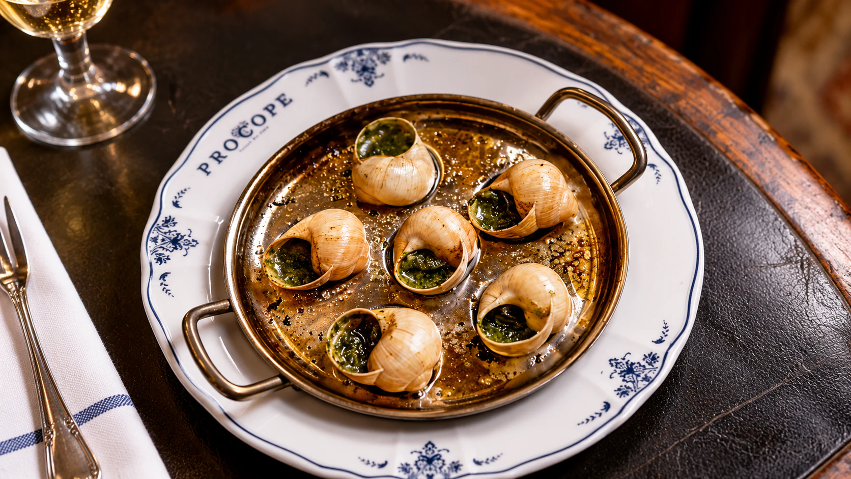 Burgundy snails in their shells, served in a round metal dish on a Procope plate.