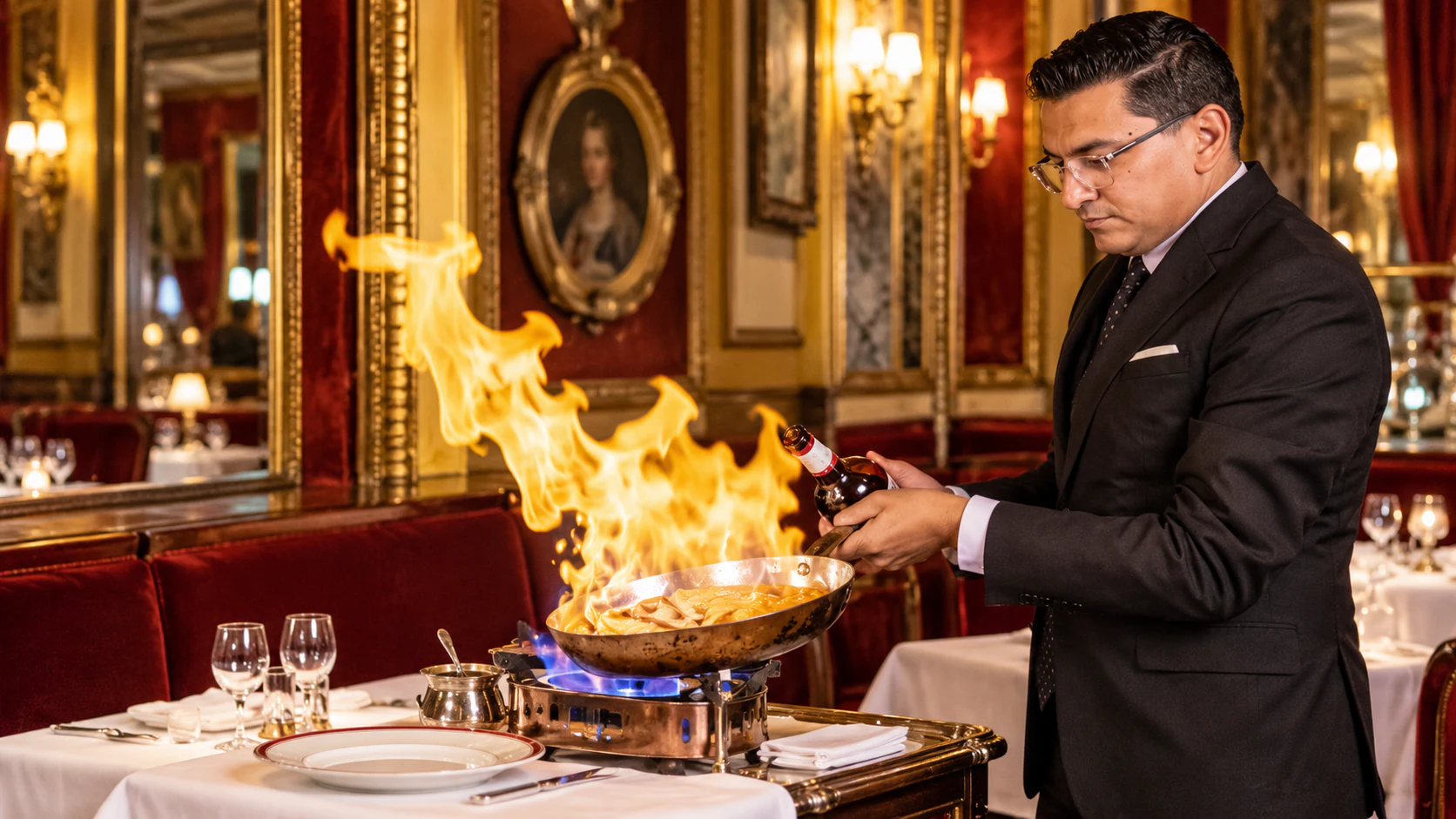 Crêpes flambéed with Grand Marnier during tableside service in Le Procope’s red and gilt dining room.