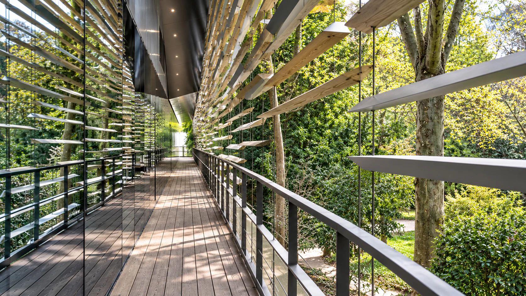 The museum’s timber walkway, with horizontal screens framing the garden outside.