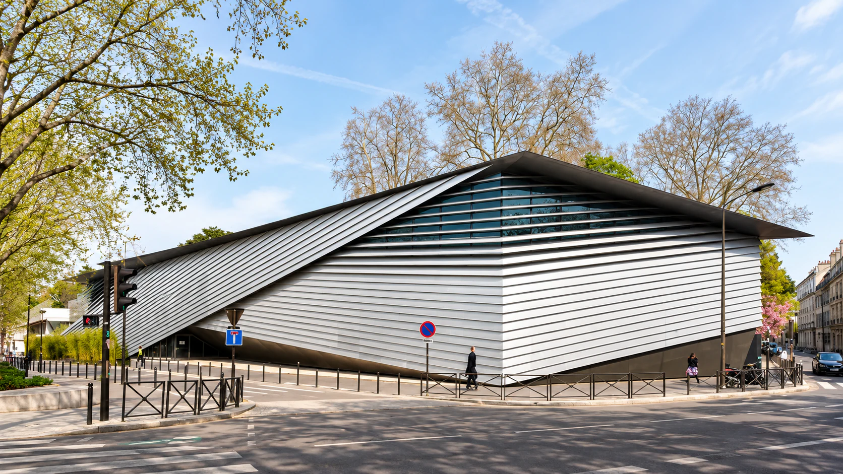 Kengo Kuma’s folded museum exterior beside the street approach in Boulogne-Billancourt.