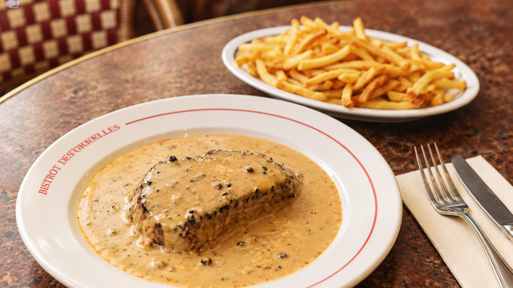 Beef with pepper sauce and fries