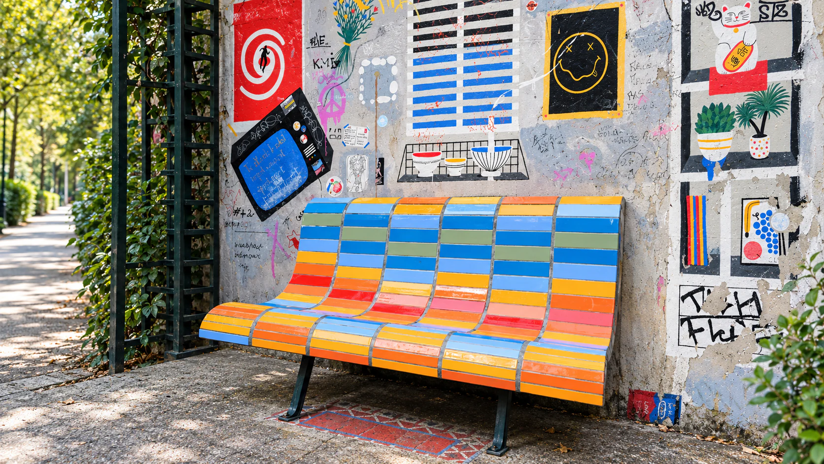 Caroline Laguerre’s colourful mosaic bench on the Coulée verte René-Dumont