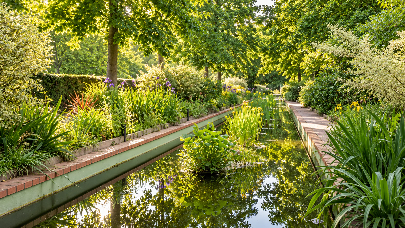 Reflecting basin and planted edges on the Coulée verte René-Dumont