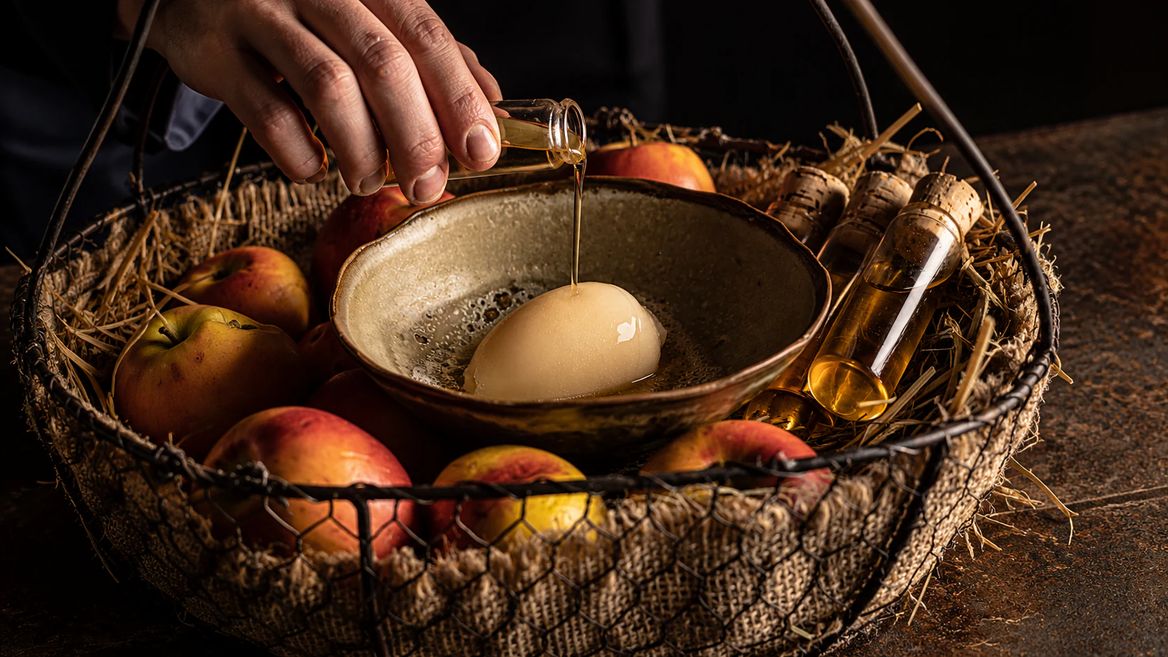 Trou-normand sorbet served among apples at David Toutain