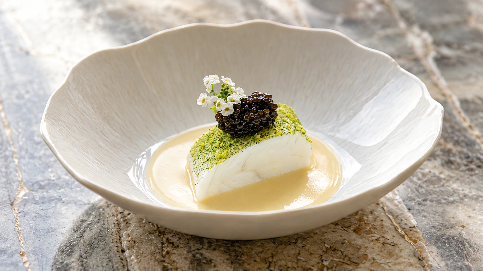 Caviar and white flowers over a pale course in a fluted bowl at Le Jules Verne