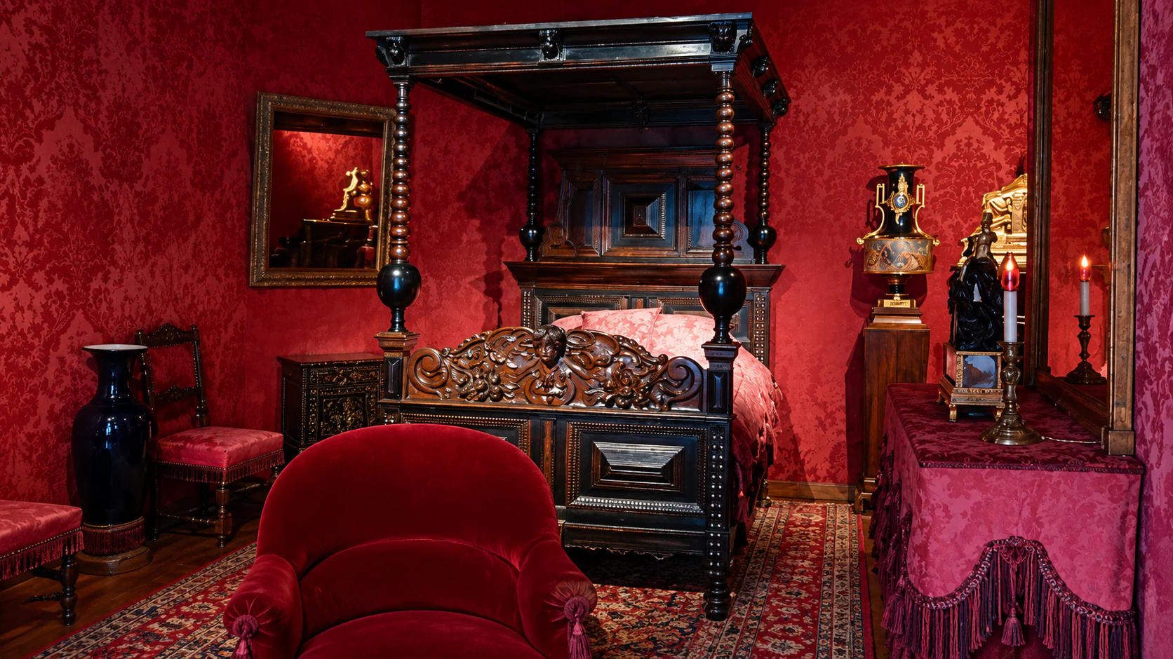Red bedroom and carved bed at Maison de Victor Hugo
