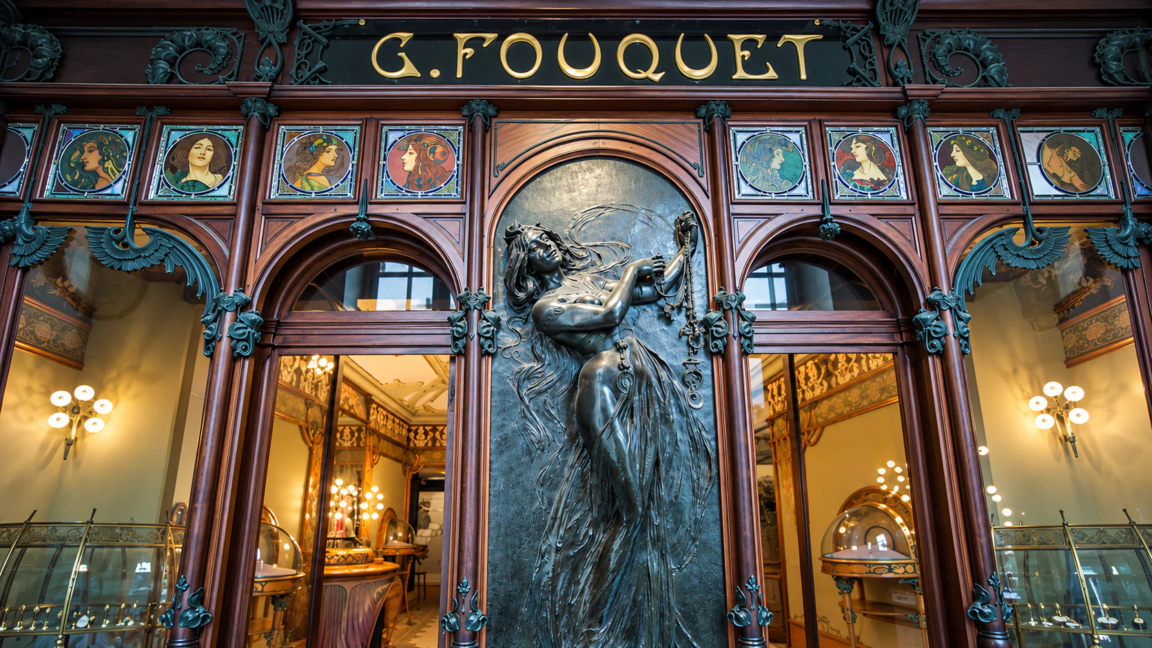 Sculpted relief and glazed bays of the Fouquet shopfront at Musée Carnavalet
