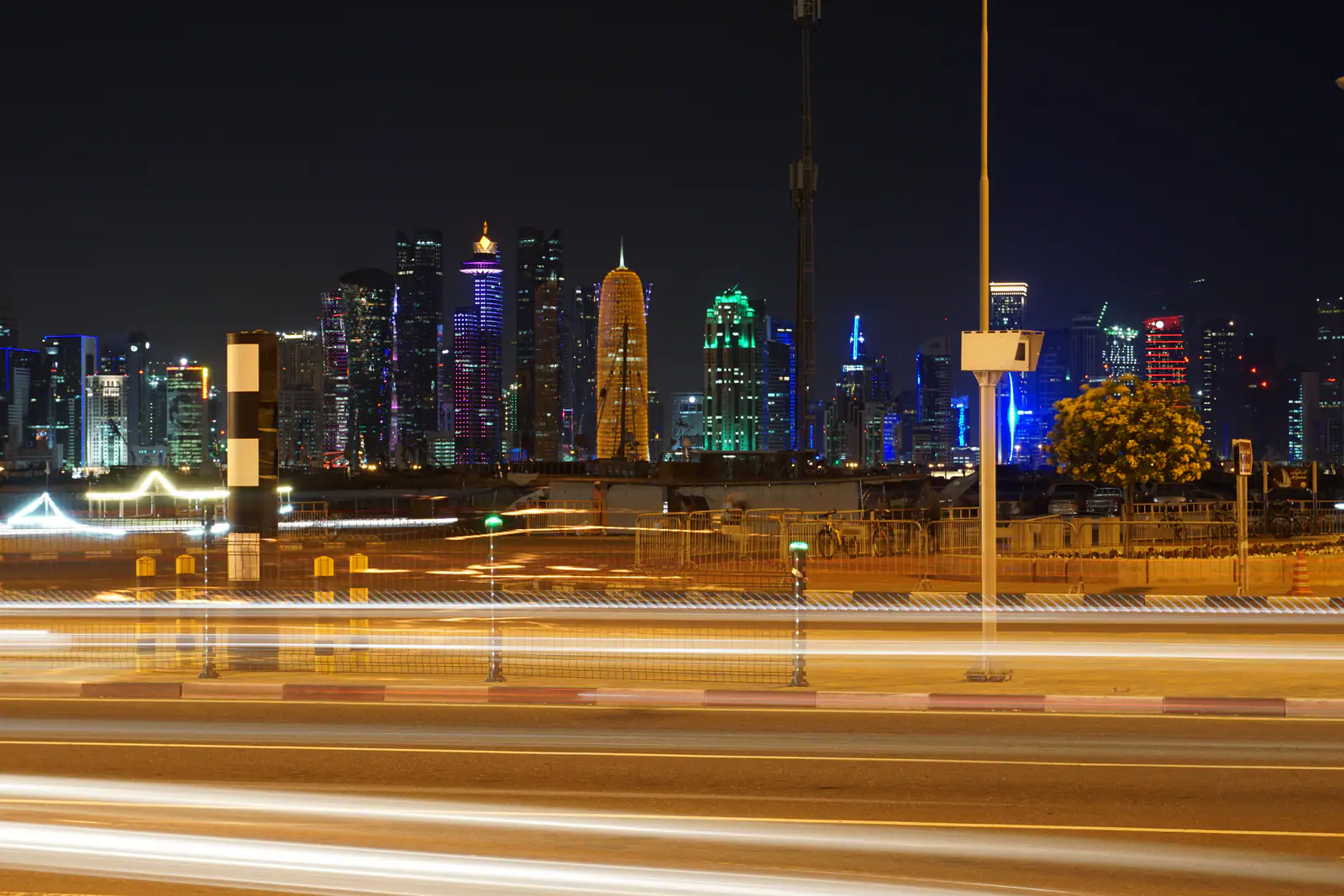 Doha skyline from the Corniche at night, January 2019